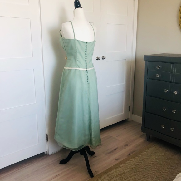 Retro 2000s Olive Green Midi Dress.Spaghetti Straps. Prom, wedding, garden party - Picture 4 of 12